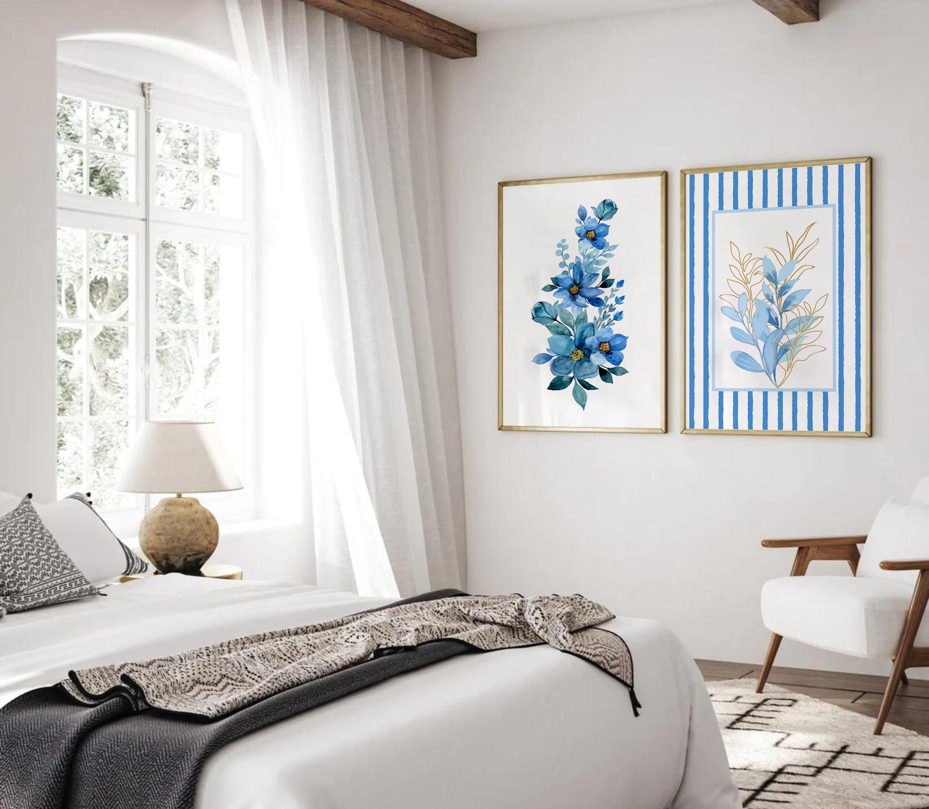 Blue Wildflower Watercolor Prints Set: Modern Boho Wall Art (digital ...
