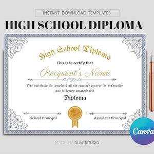 Homeschool Diploma, Editable Diploma Template, High School Diploma, Customized Blank Certificate, Graduation Diploma, Instant Download, PDF