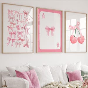 Trendy Pink Schleifen Wand Kunst 3er Set, Preppy Poster, College Wohnung Dekor, Aquarell Bögen Druck, kokette Raumdekoration, Girly Wandkunst,