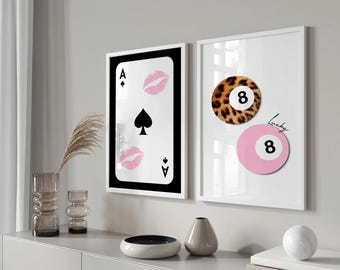 Trendy 8 Ball Leopard Print, Ace Of Spades Kisses Print, Retro Lucky Girl Poster, Funky Y2K Apartment Decor, Red Watercolor Bedroom Wall Art