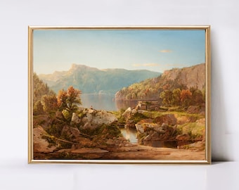 Vintage Autumn Landscape Print: Farmhouse Oil Painting (Digital Download)