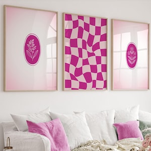 Juego de 3 pósteres rosa intenso, decoración de habitación estética minimalista rosa oscuro, juego de pósteres retro, arte de pared moderno y bonito, juego de impresiones artísticas abstractas rosa