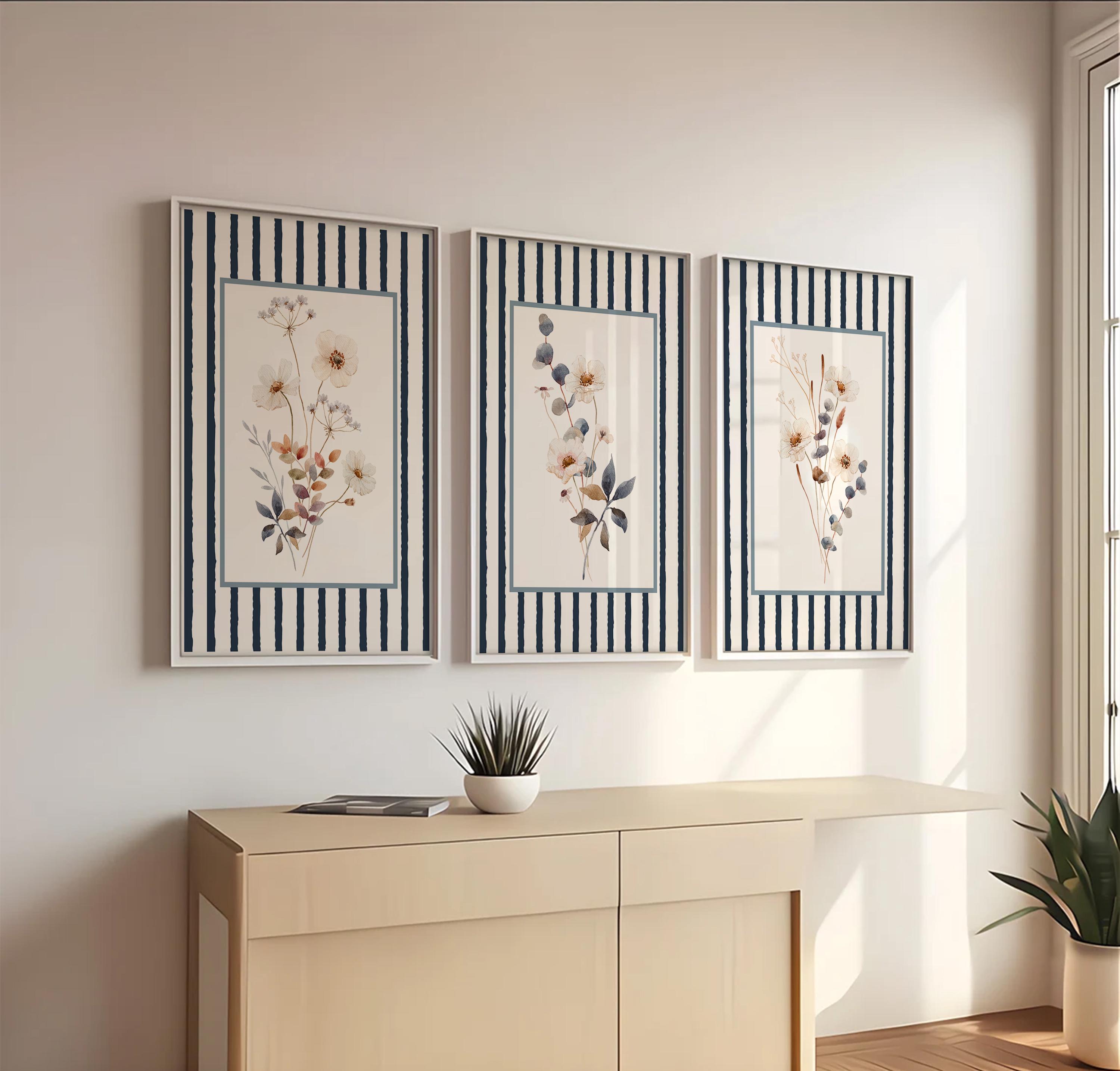 Blue Watercolor Flower Prints Set of 3, Striped Floral Art Prints, Wildflowers Floral Art, Minimalist Modern Home Decor Boho Bouquet