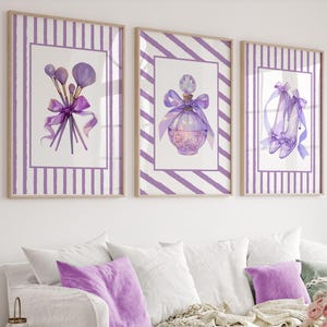 Trendy Lila Schleifen Wand Kunst 3er Set, Preppy Poster, College Wohnung Dekor, Aquarell Bögen Druck, kokette Raumdekoration, Girly Wandkunst,