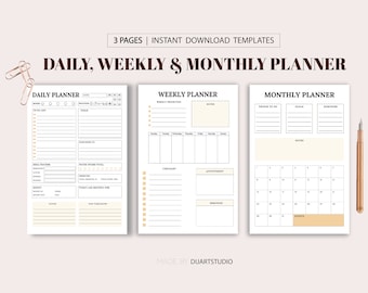 Afdrukbare dagelijkse, wekelijkse en maandelijkse planner: A4, A5, Letter-formaat (digitale download)
