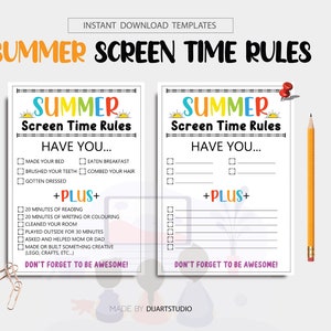 Checkliste für die Sommer-Bildschirmzeit, Bildschirmzeitregeln, bearbeitbare Bildschirmzeit-Auflagen, Bildschirmzeit-Tracker, druckbare Aufgabenliste für Kinder
