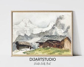 Vintage Winter Village Painting: Snowy Landscape Art (Digital Download)