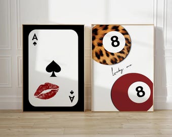 Trendy 8 Ball Leopard Print, Ace Of Spades Kiss Print, Retro Lucky Girl Poster, Funky Y2K Apartment Decor, Red Watercolor Bedroom Wall Art