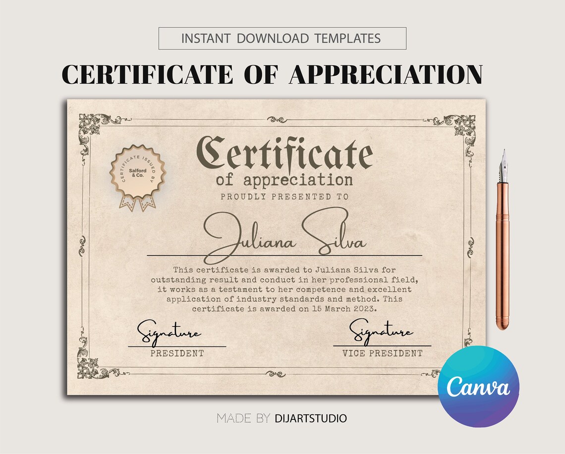 Printable Certificate Template, Editable Certificate of Appreciation ...
