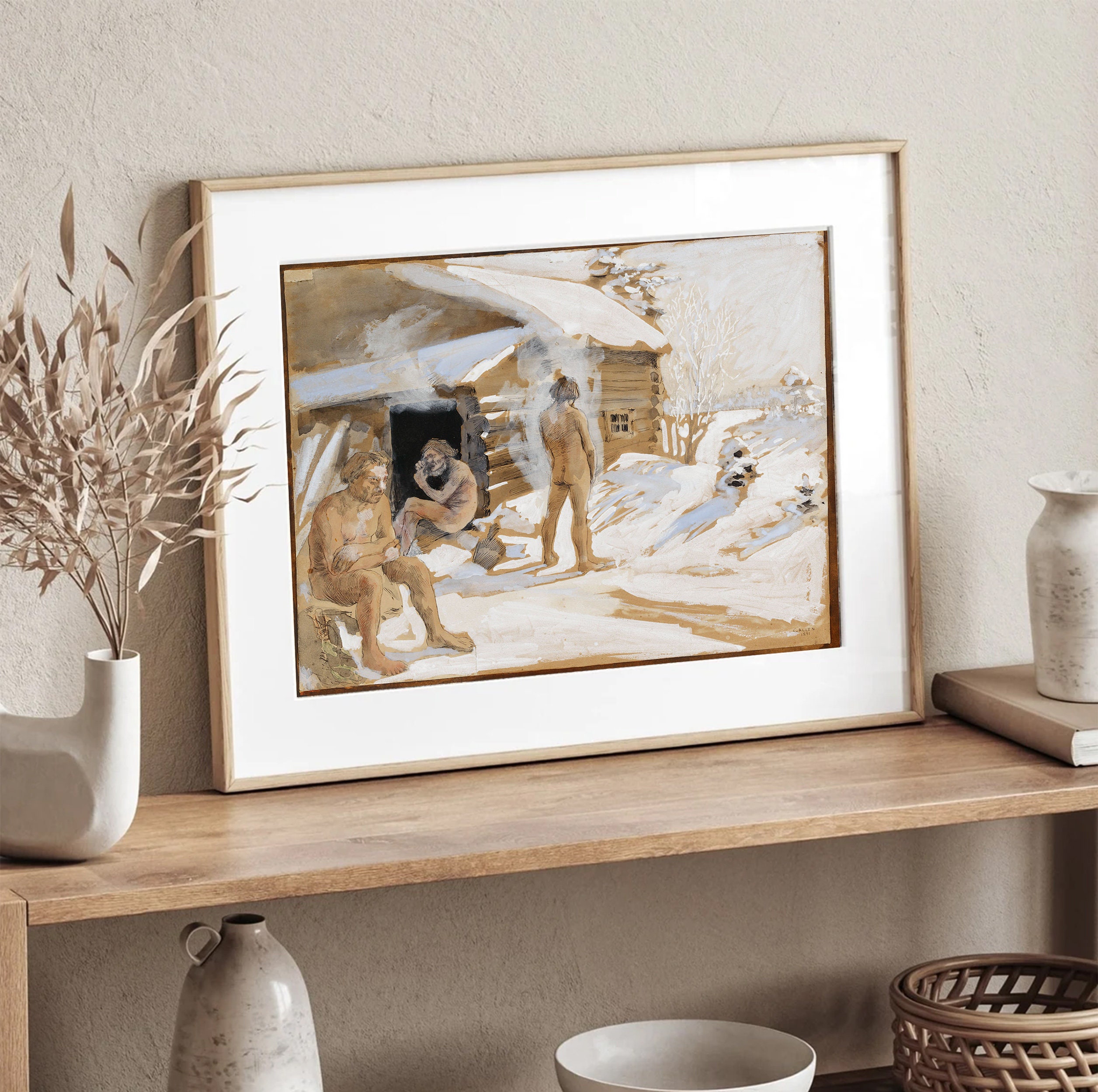 素朴な冬の村の絵画：雪に覆われた農家の風景（デジタルダウンロード