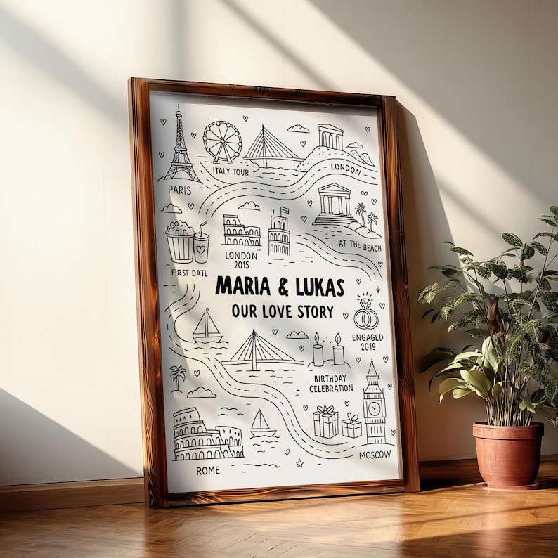 Może przedstawiać: Oprawiona czarno-biała ilustracja zatytułowana "Maria & Lukas Our Love Story". Grafika przedstawia mapę z takimi zabytkami jak Wieża Eiffla, Big Ben i Koloseum, oznaczającymi ważne lokalizacje i daty.