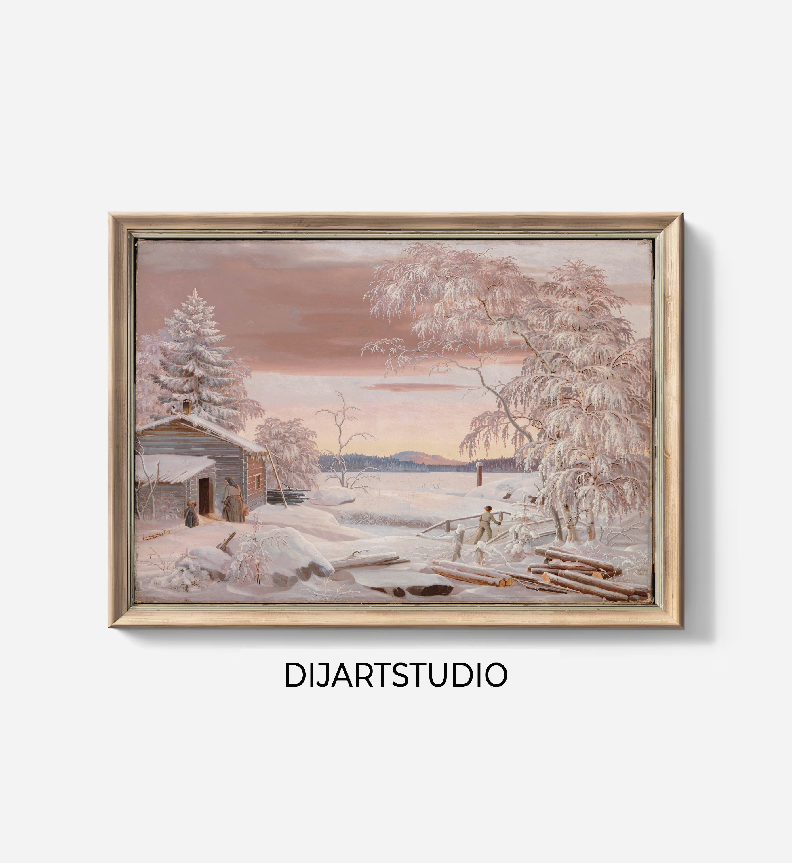 ヴィンテージの冬の風景画：雪景色の田園風景アート（デジタル