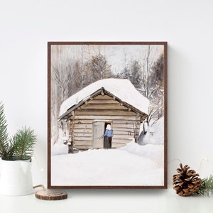 Rustic Winter Cabin Oil Painting: Vintage Landscape Art (Digital Printable)