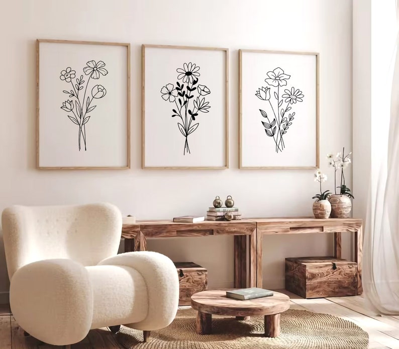 flower-line-art-prints-set-of-3-prints-flower-bouquet-wall-art