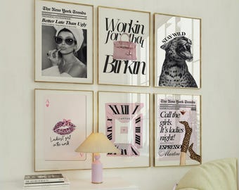 Pink Glam Leopard Wall Art Set of 6, Y2K Dorm Posters, Coquette Fashion Decor, Aesthetic Gallery Wall, Old Money Pink Prints, Trendy Prints
