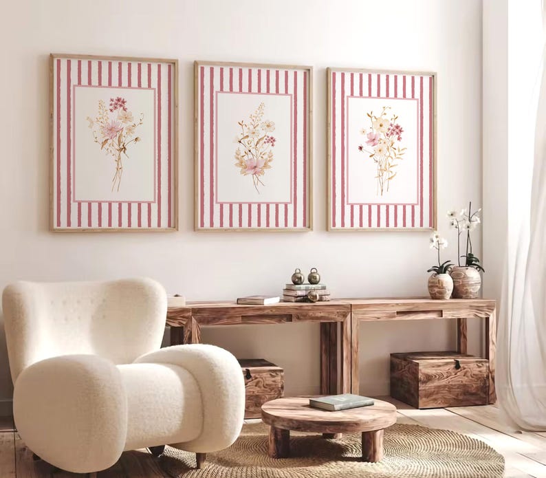 Pink Watercolor Flower Prints Set of 3: Striped Floral Wall Art ...