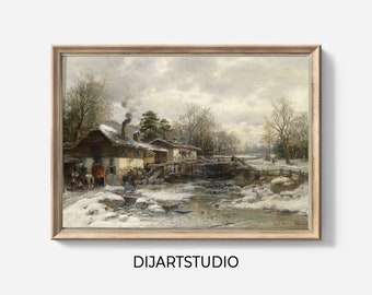 Rustic Winter Landscape Print: Vintage Snowy Farmhouse (Digital Download)