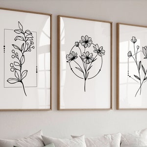 Dessin au trait fleur | Lot de 3 impressions, dessin au trait botanique, dessin au trait floral, art mural bouquet de fleurs, décoration murale de salon, impression florale minimale