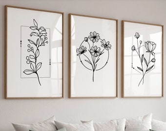 Blumen Line Art | 3er Set Drucke, botanische Linie Kunst, florale Linie Kunst, Blumenstrauß Wandkunst, Wohnzimmer Wanddekor, minimaler Blumendruck