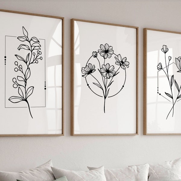 Flower Line Art | Set Of 3 Prints, Botanical Line Art, Floral Line Art, Flower Bouquet Wall Art,Living Room Wall Decor, Minimal Floral Print