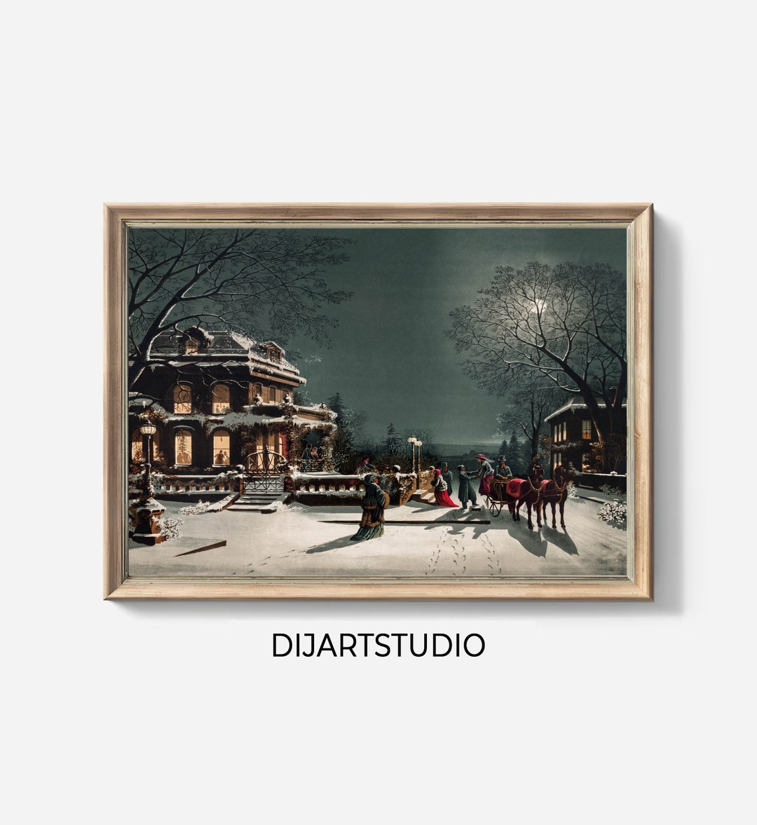 Vintage Winter Village Print Snow City Landscape Printable Art Horse Art Print Winter Scene Wall