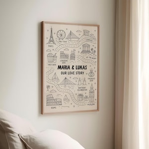 Może przedstawiać: Oprawiony wydruk artystyczny z czarno-białą ilustracją mapy. Mapa przedstawia miejsca takie jak Paryż, Londyn i Rzym, z tekstem "MARIA & LUKAS OUR LOVE STORY". Zawiera daty i ikony.