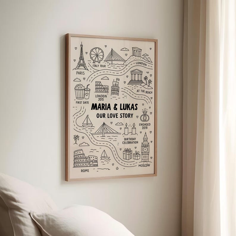 Może przedstawiać: Oprawiony wydruk artystyczny z czarno-białą ilustracją mapy. Mapa przedstawia miejsca takie jak Paryż, Londyn i Rzym, z tekstem "MARIA & LUKAS OUR LOVE STORY". Zawiera daty i ikony.