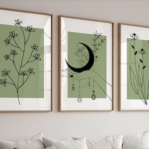 Sage Green Wall Art Print Set, Sage Green Wall Art Printable, Flower Line Art Poster, Minimal Floral Prints, Set of Three Printable