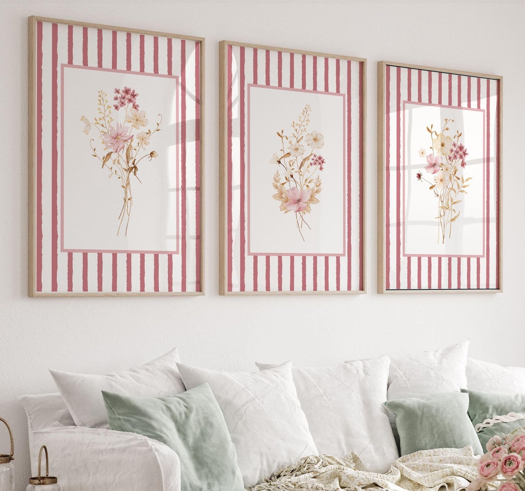 Pink Watercolor Flower Prints Set of 3: Striped Floral Wall Art ...