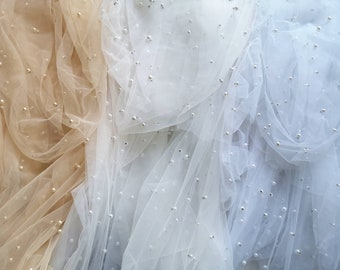 Champagne/Ivory/White Pearls Tulle,Soft Tulle,Beaded Tulle,Tulle Fabric for Bridal Veils,Pearls Tulle,59" Width