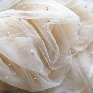 Champagne/Ivory/White Pearls Tulle,Soft Tulle,Beaded Tulle,Tulle Fabric for Bridal Veils,Pearls Tulle,59&quot; Width