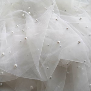 Champagne / Ivoire / Perles Blanches Tulle, Tulle doux, Tulle perlé, Tissu tulle pour voiles de mariée, Tulle perles, 59 Largeur image 3