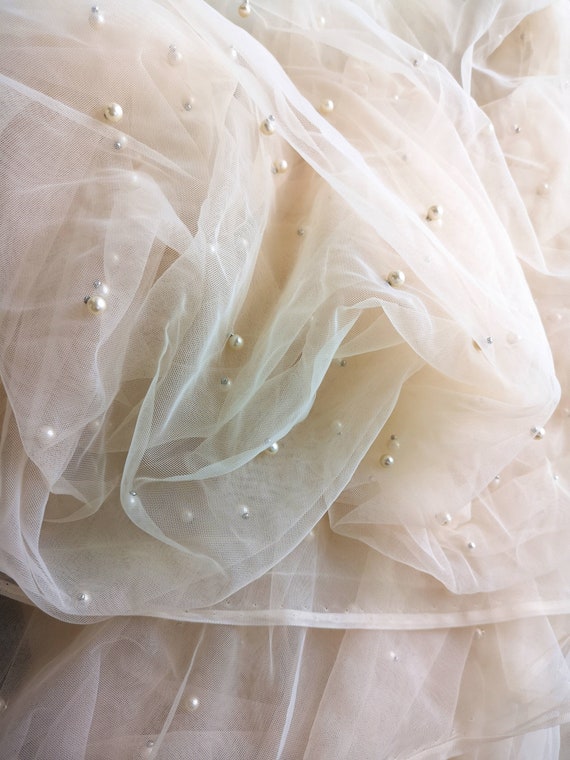 Champagne/Ivory/White Pearls Tulle,Soft Tulle,Beaded Tulle,Tulle Fabric for Bridal Veils,Pearls Tulle,59" Width