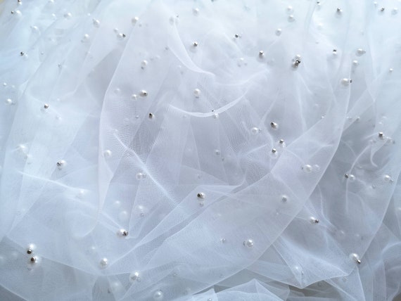 Champagne/Ivory/White Pearls Tulle,Soft Tulle,Beaded Tulle,Tulle Fabric for Bridal Veils,Pearls Tulle,59" Width