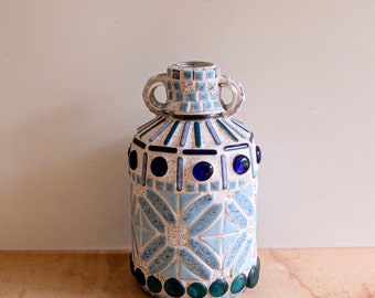 Vintage/unique/handmade/mosaic blue tiled glass amphora/decorative vase