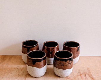 Set of 5 vintage handmade drip glazed pottery mugs/no handles