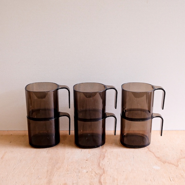 Vintage 80’s Bessemer set of 6 smoke grey stackable plastic cups with handles