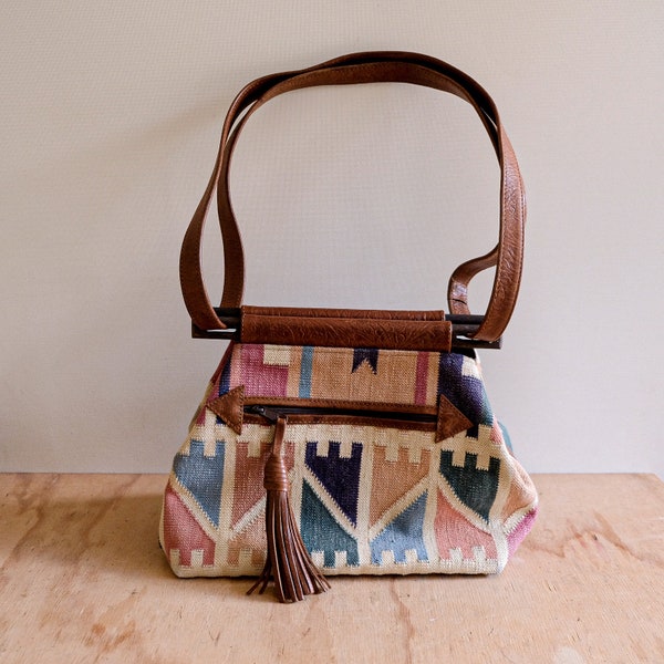 Vintage rare Indian handmade/bohemian/geo pattern/fabric shoulder bag with leather straps