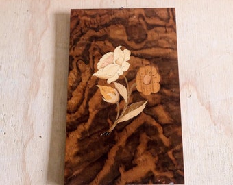 Vintage burl wood inlaid floral marquetry plaque wall hanging
