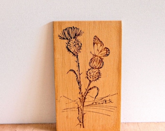 Vintage small pyrography/wood burned wall art with flower and butterfly motif