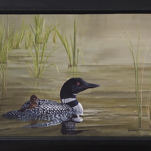 Loon and Chick Oil Painting: Framed Wildlife Art, Nature Home Decor