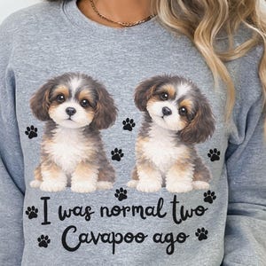 May include: Sport grey sweatshirt featuring a graphic of two Cavapoo puppies with paw prints. The text "I was normal two Cavapoo ago" is printed below the puppies. The sweatshirt is made of a soft material.