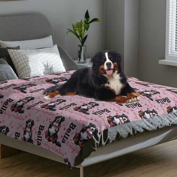 Bernese Mountain Dogs Personalized Blanket Dog Mom Person Gift, Pink Bow Day Dog Blanket, Plush Dog Name Blanket, New Puppy Name Blanket