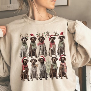 Puede incluir: Sudadera color arena con un diseño festivo de doce perros, cada uno adornado con accesorios navideños como gorros de Papá Noel, cuernos de reno y bufandas. Los perros están dispuestos en filas, creando un gráfico alegre y de temporada.