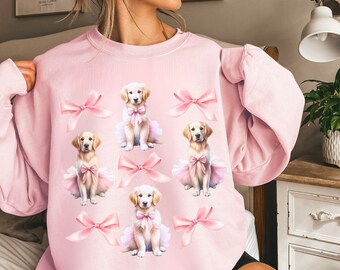 Golden Retriever Pink Bow Sweatshirt, Balletcore Dog Mom Crewnecked Sweater