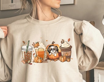 Shih Tzu Fall Sweatshirt, PSL Coffee, Halloween Dog Mom Gift