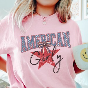 Retro Coquette American Girl Flag Patriot 4th Of July Shirt Stars and Stripes Bow America Shirt Fourth Of July USA Grunge Comfort Color Tee