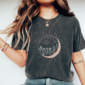 Celestial Shirt, Cosmic Sun Moon Shirt, Witchy Clothing, Astrology, Mystical, Crescent Moon, Boho Wild Flowers TShirt, Comfort Colors Shirt