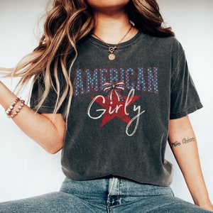 Retro Coquette American Girl Flag Patriot 4th Of July Shirt Stars and Stripes Bow America Shirt Fourth Of July USA Grunge Comfort Color Tee