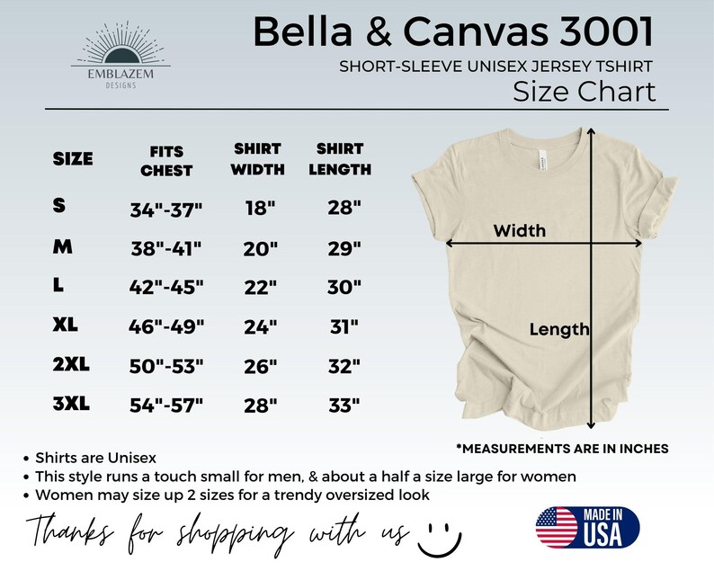 May include: Size chart for a unisex short-sleeve jersey t-shirt, Bella + Canvas 3001. The chart shows measurements in inches for chest, width, and length for sizes S through 3XL.